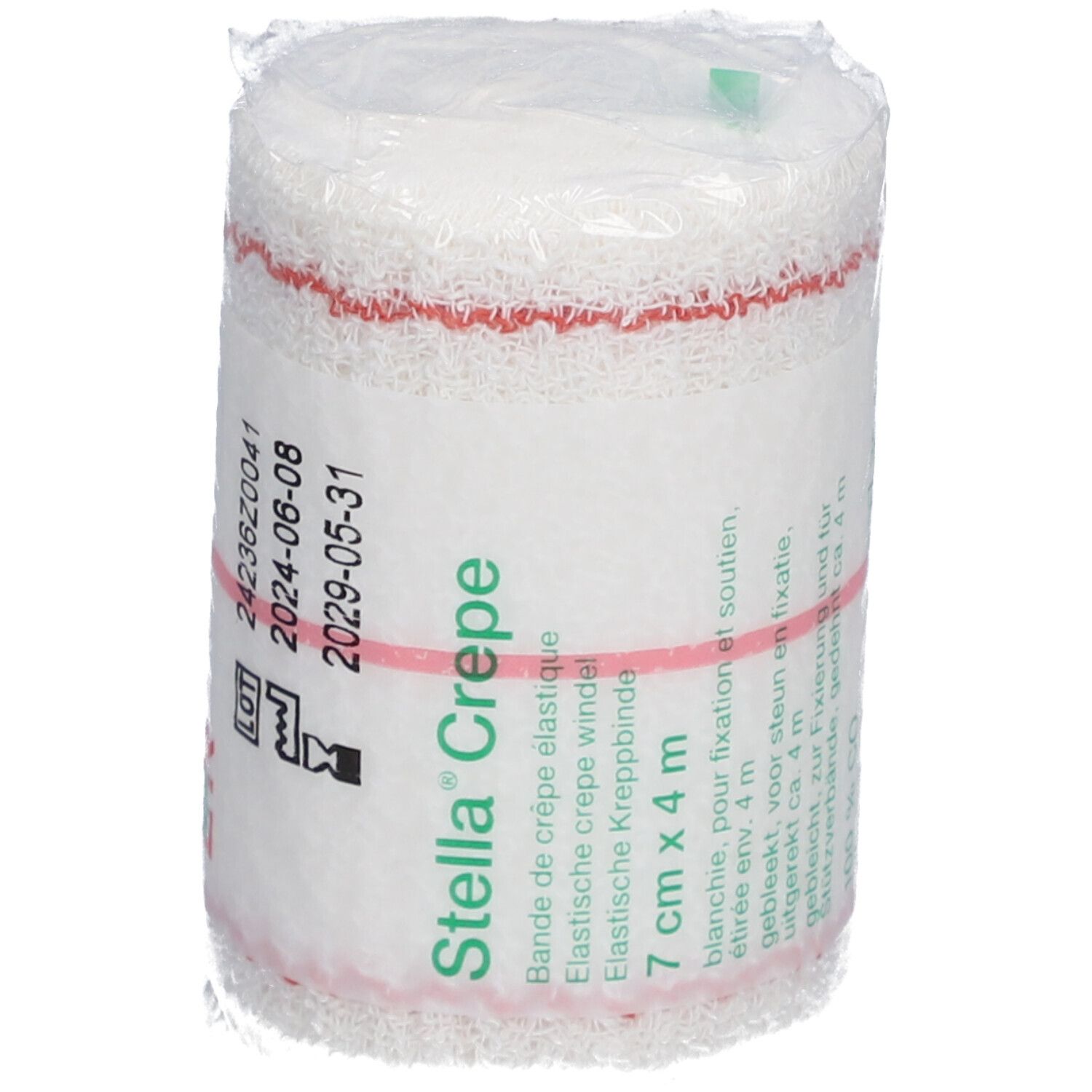 Elastisch crêpeverband, 7 cm x 4 m, verpakt. Rode streep. Opschrift: Stella Crepe.