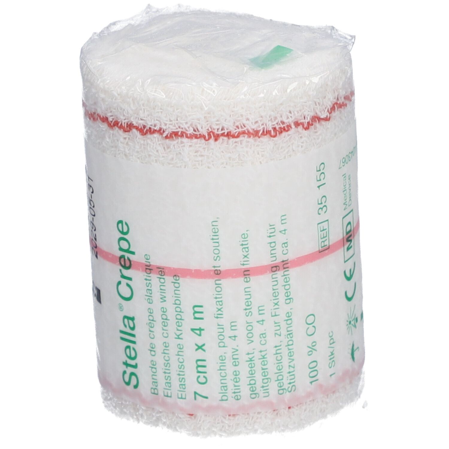 Elastisch crêpeverband, 7 cm x 4 m, verpakt. Rode streep. Opschrift: Stella Crepe.