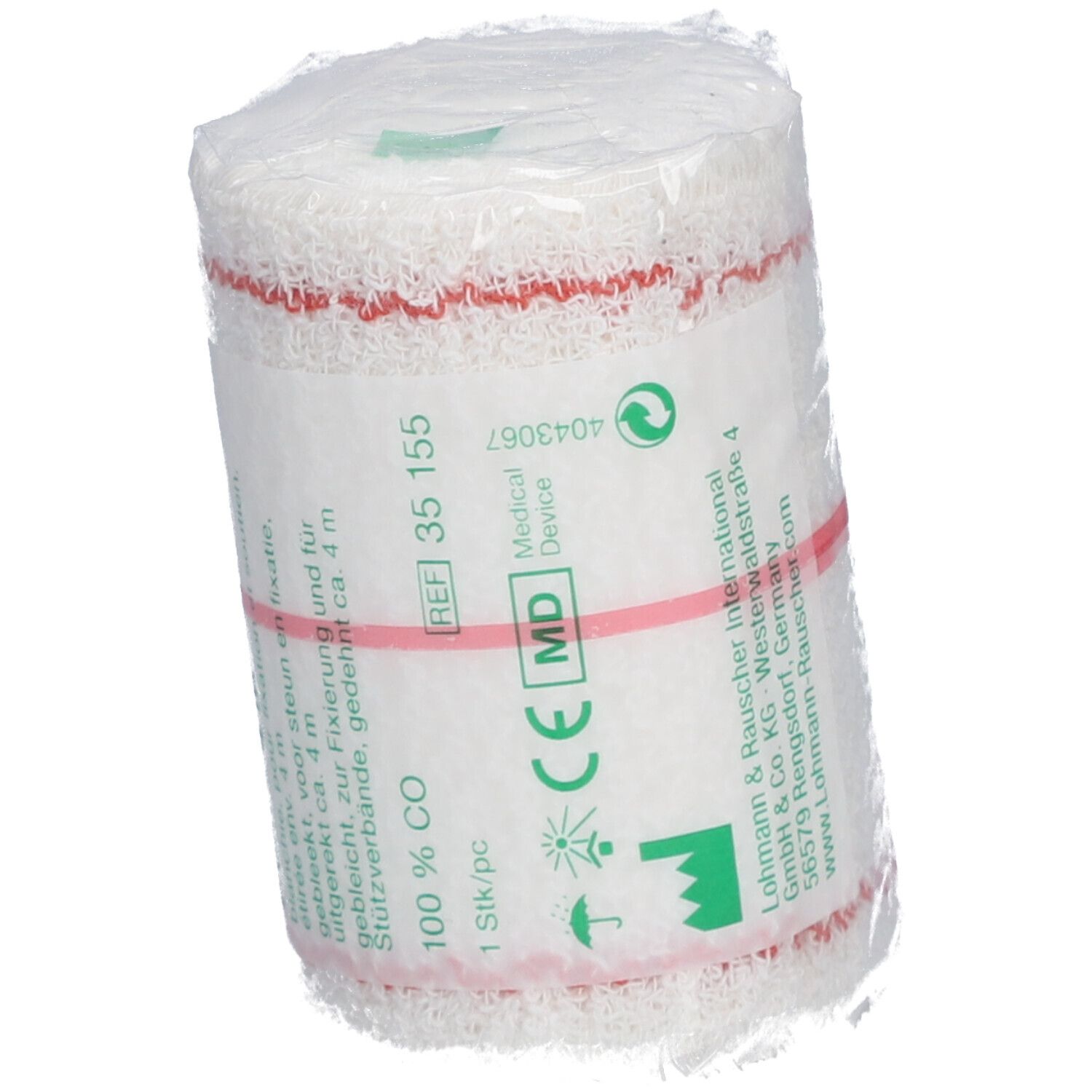 Elastisch crêpeverband, 7 cm x 4 m, verpakt. Rode streep. Opschrift: Stella Crepe.