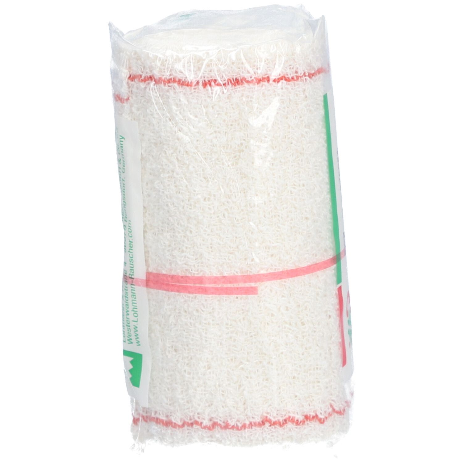 Bandage roulé sous film. Blanc avec bordure rouge. Inscription visible sur l'emballage.