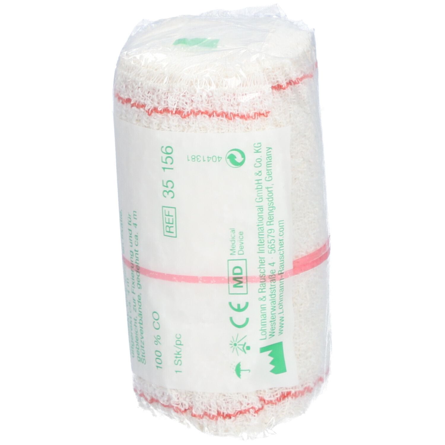 Bandage roulé sous film. Blanc avec bordure rouge. Inscriptions: REF 35 156, MD Medical Device, marquage CE.