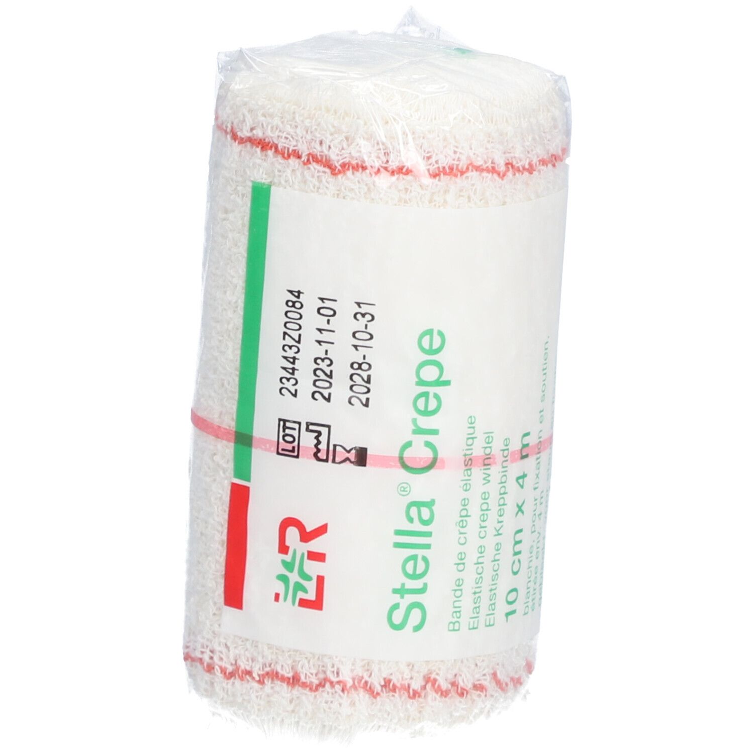 Bandage roulé sous film. Blanc avec bordure rouge. Inscriptions: Stella Crepe, 10 cm x 4 m, logo LR, numéro de lot, date d'expiration.