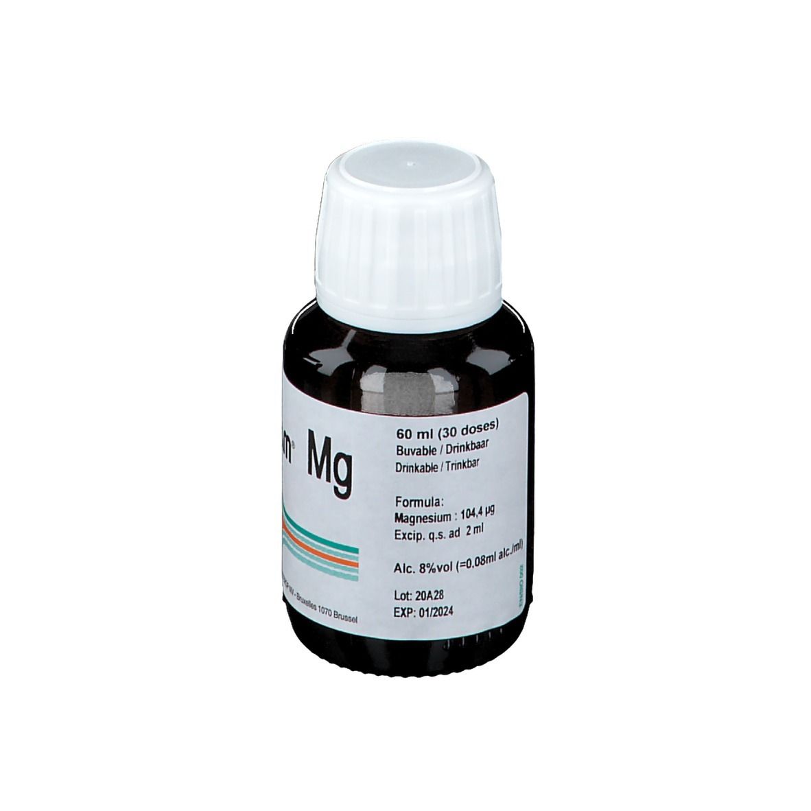 Flacon en verre brun avec bouchon blanc. Inscription : Biogam Mg. Étiquette avec informations. 60 ml (30 doses).