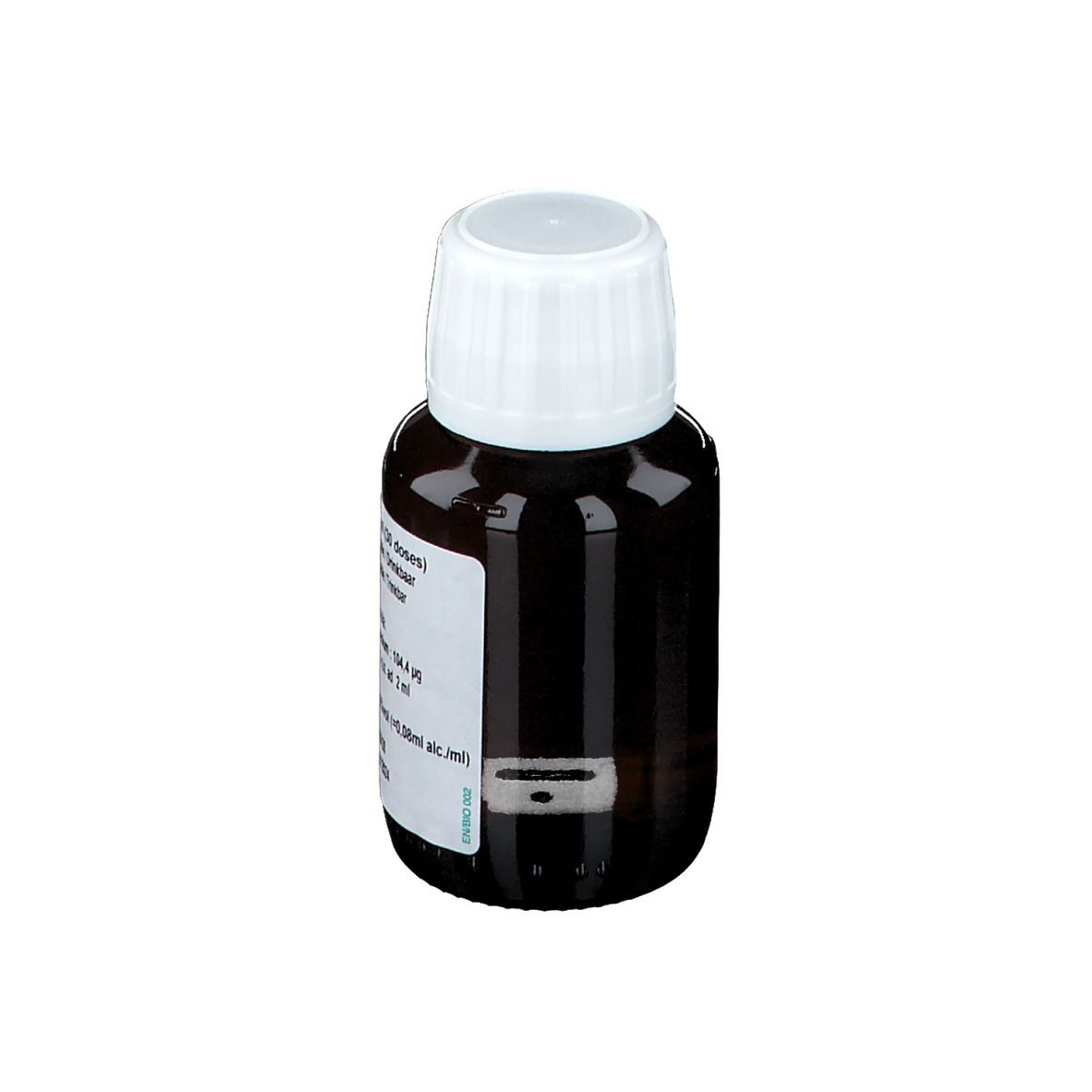 Flacon en verre brun avec bouchon blanc. Étiquette avec informations. Vue arrière. 60 ml (30 doses).