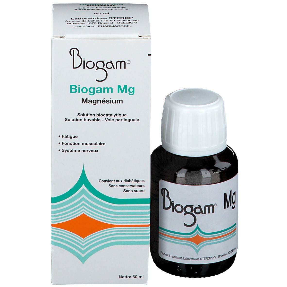 Emballage et flacon du produit. Inscription : Biogam Mg Magnésium. 60 ml. Ingrédients et indications sur l'emballage.