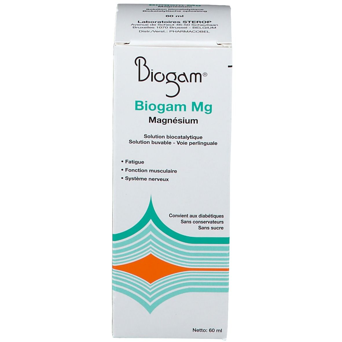 Emballage du produit. Inscription : Biogam Mg Magnésium. 60 ml. Ingrédients et indications sur l'emballage.