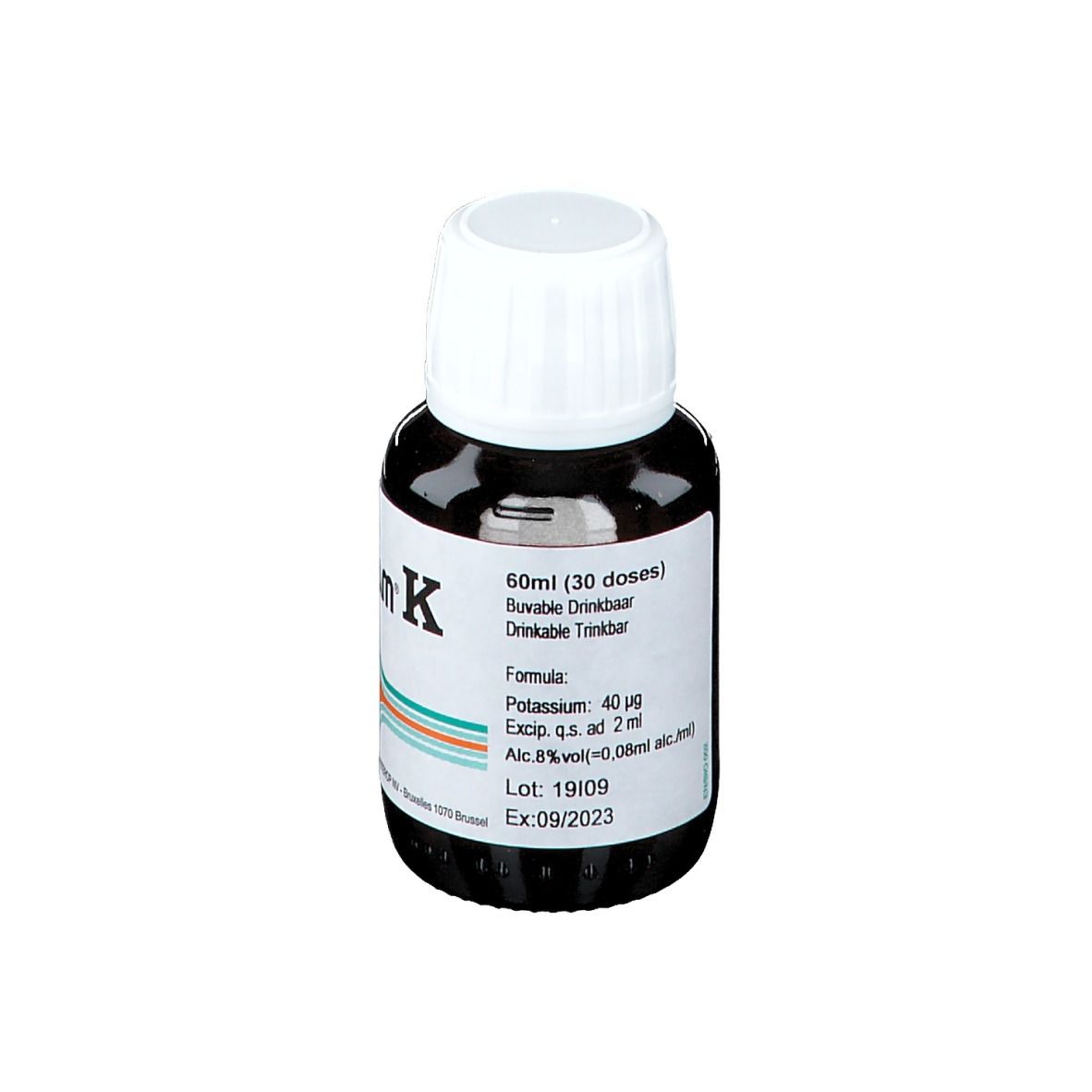 Braune Glasflasche mit weißem Deckel. Aufschrift: Biogam K. Etikett mit Informationen. 60ml, 30 Dosen.