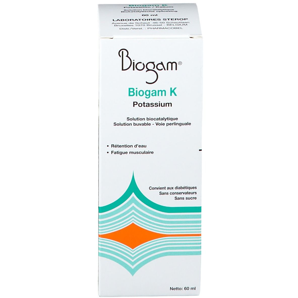 Produktverpackung mit Flasche. Aufschrift: Biogam K. Enthält eine braune Flasche mit weißem Deckel.