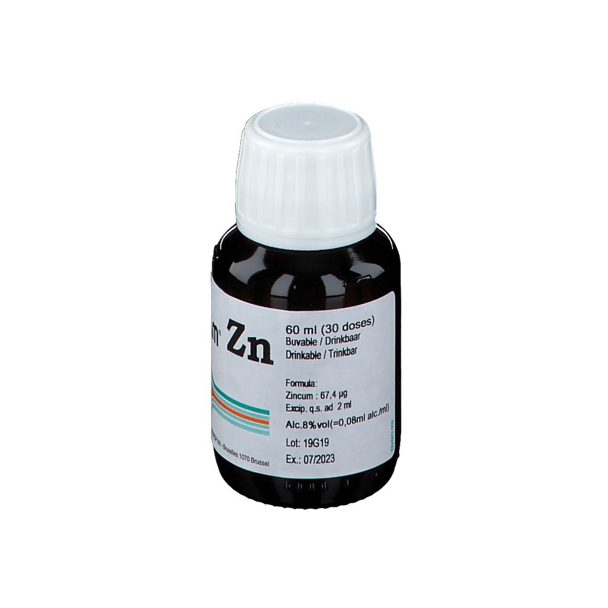 Flacon brun avec bouchon blanc. Inscription: Biogam Zn, 60 ml, buvable. Étiquette avec ingrédients.
