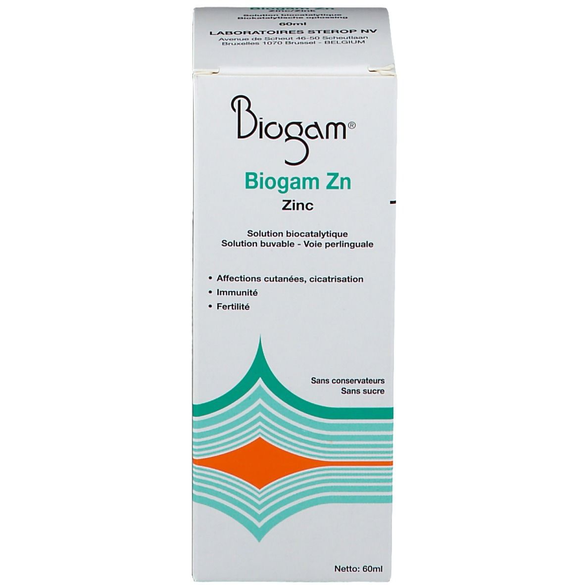 Boîte blanche avec inscription: Biogam Zn, 60 ml. Contient un flacon en verre brun.