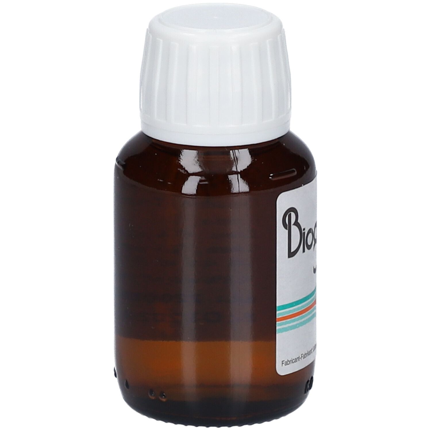 Bruine glazen fles met witte dop. Etiket met productnaam Biogam Zn-Cu. Fabrikantgegevens.