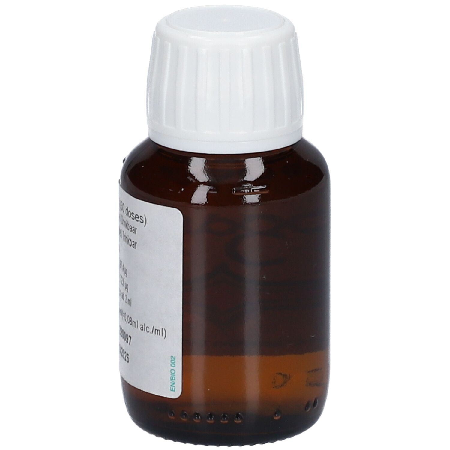 Bruine glazen fles met witte dop. Etiket met productinformatie. Fabrikantgegevens.
