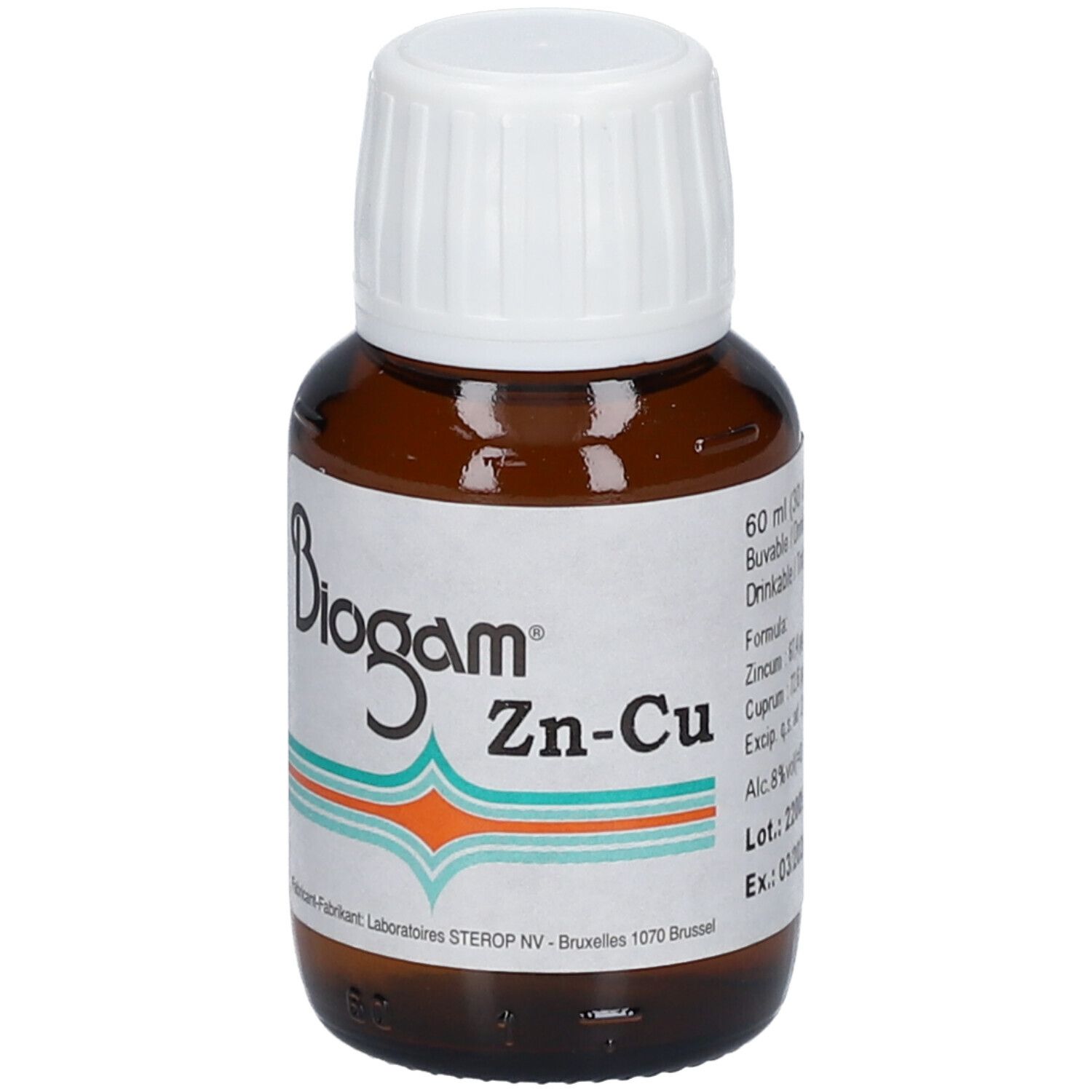 Bruine glazen fles met witte dop. Etiket met productnaam Biogam Zn-Cu. Fabrikantgegevens.