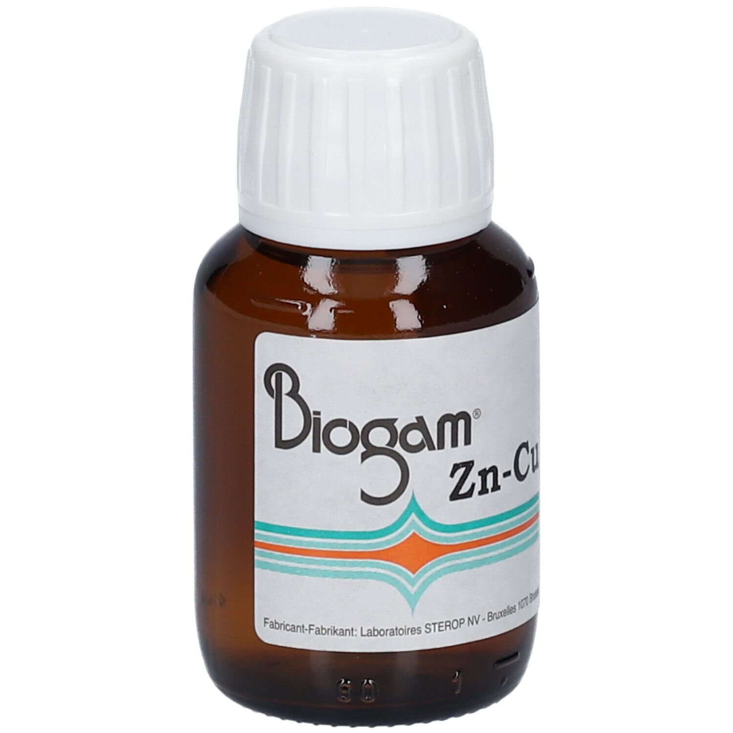 Bruine glazen fles met witte dop. Etiket met productnaam Biogam Zn-Cu. Fabrikantgegevens.