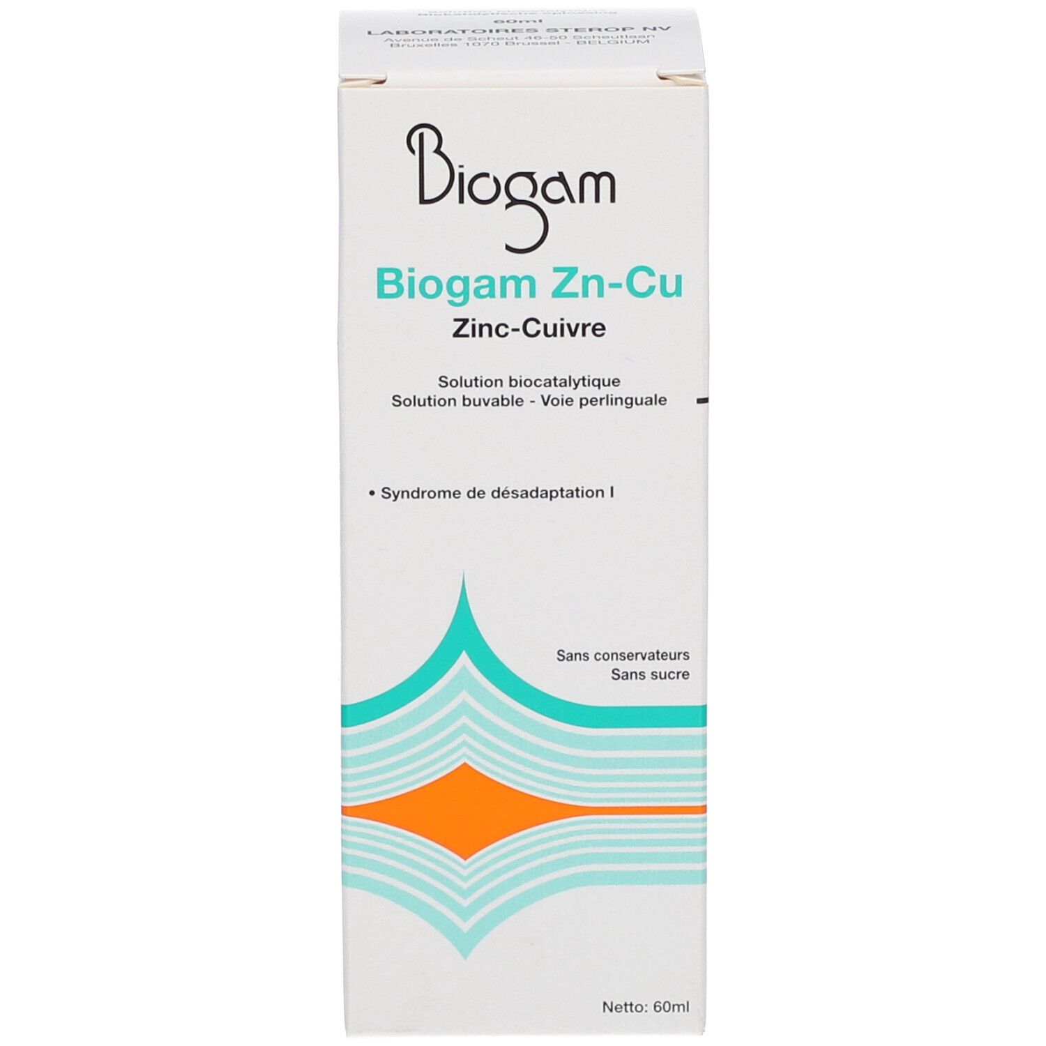 Witte productverpakking met blauwe en oranje elementen. Productnaam en informatie.