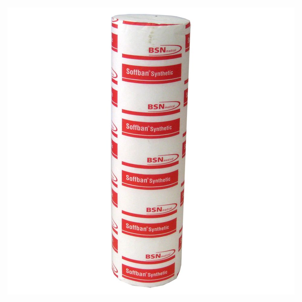 Rouleau cylindrique de rembourrage blanc avec bandes rouges. Inscription: Soffban Synthetic et BSN medical.