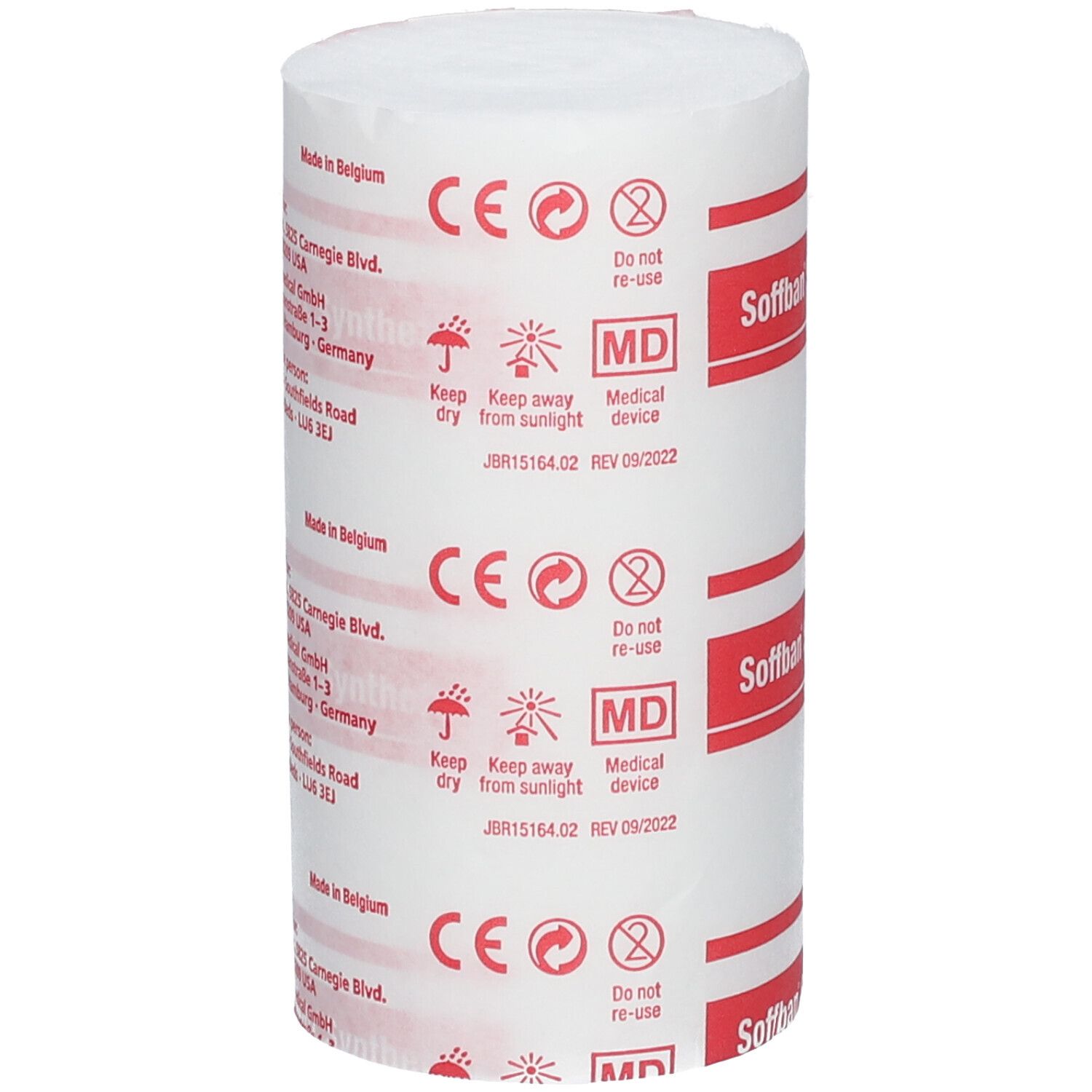 Cilindrische rol wit verband met rode tekst: Soffban Synthetic. CE-markering, MD-markering.