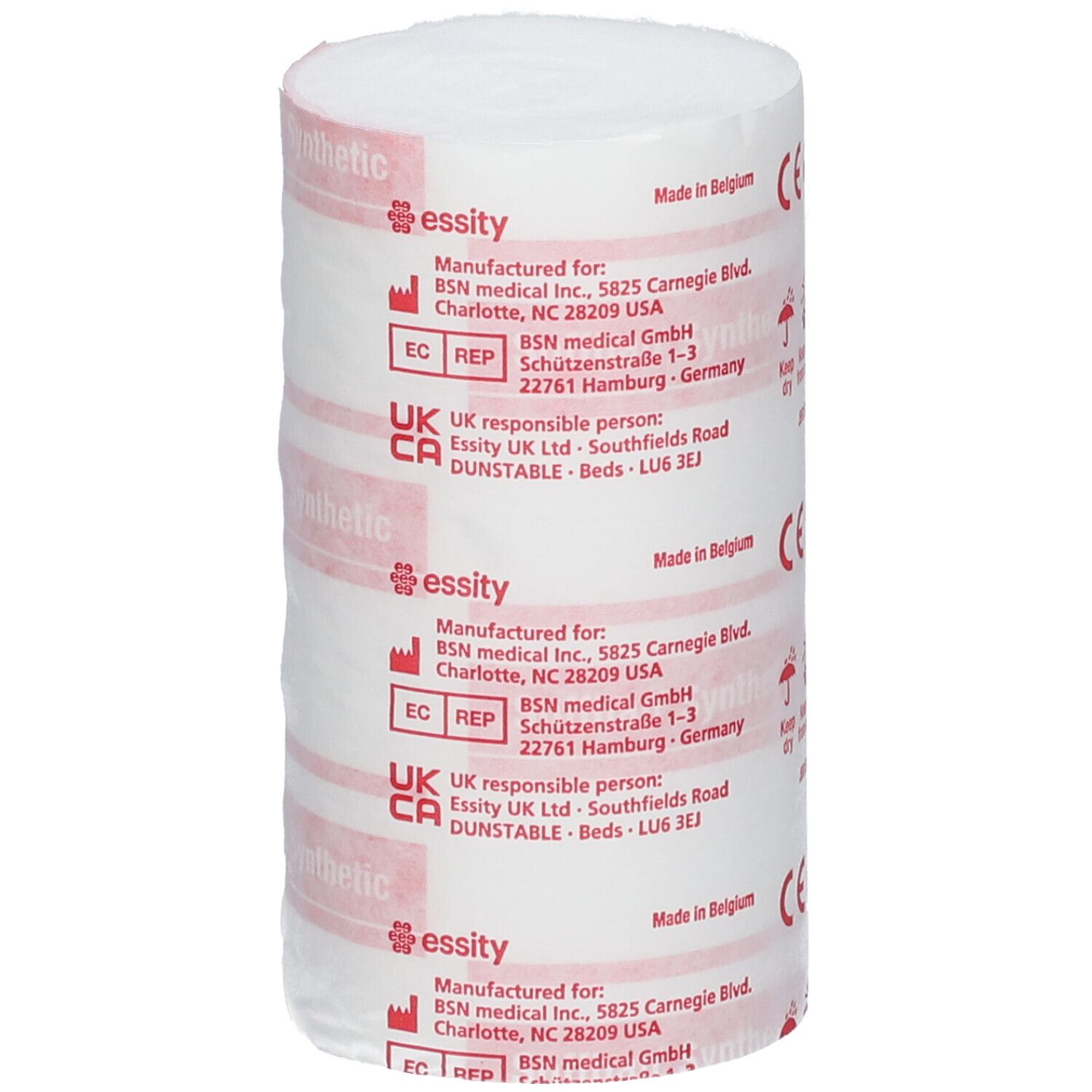 Cilindrische rol wit verband met rode tekst: Soffban Synthetic. Fabrikantinformatie en CE-markering.