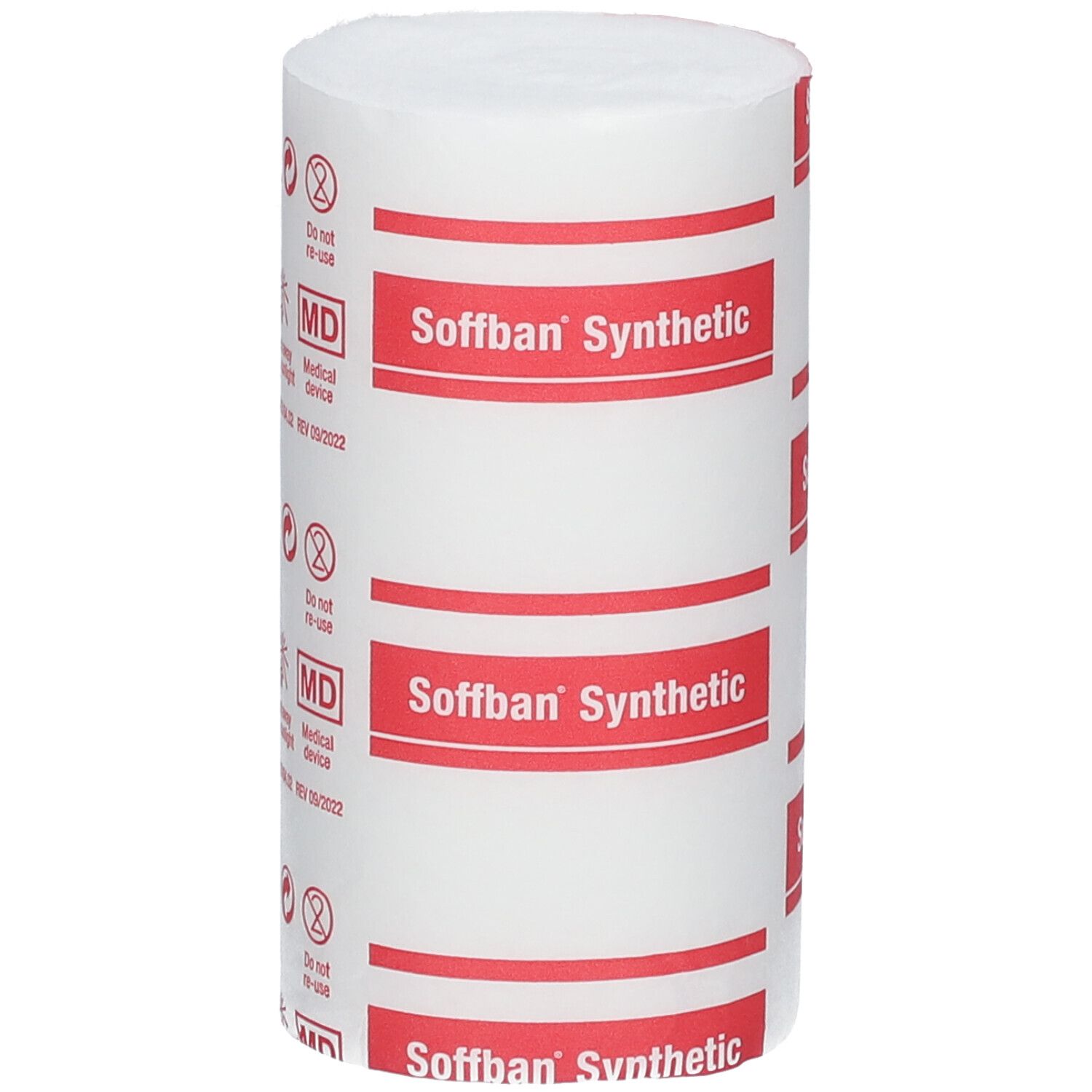 Cilindrische rol wit verband met rode tekst: Soffban Synthetic. MD-markering.