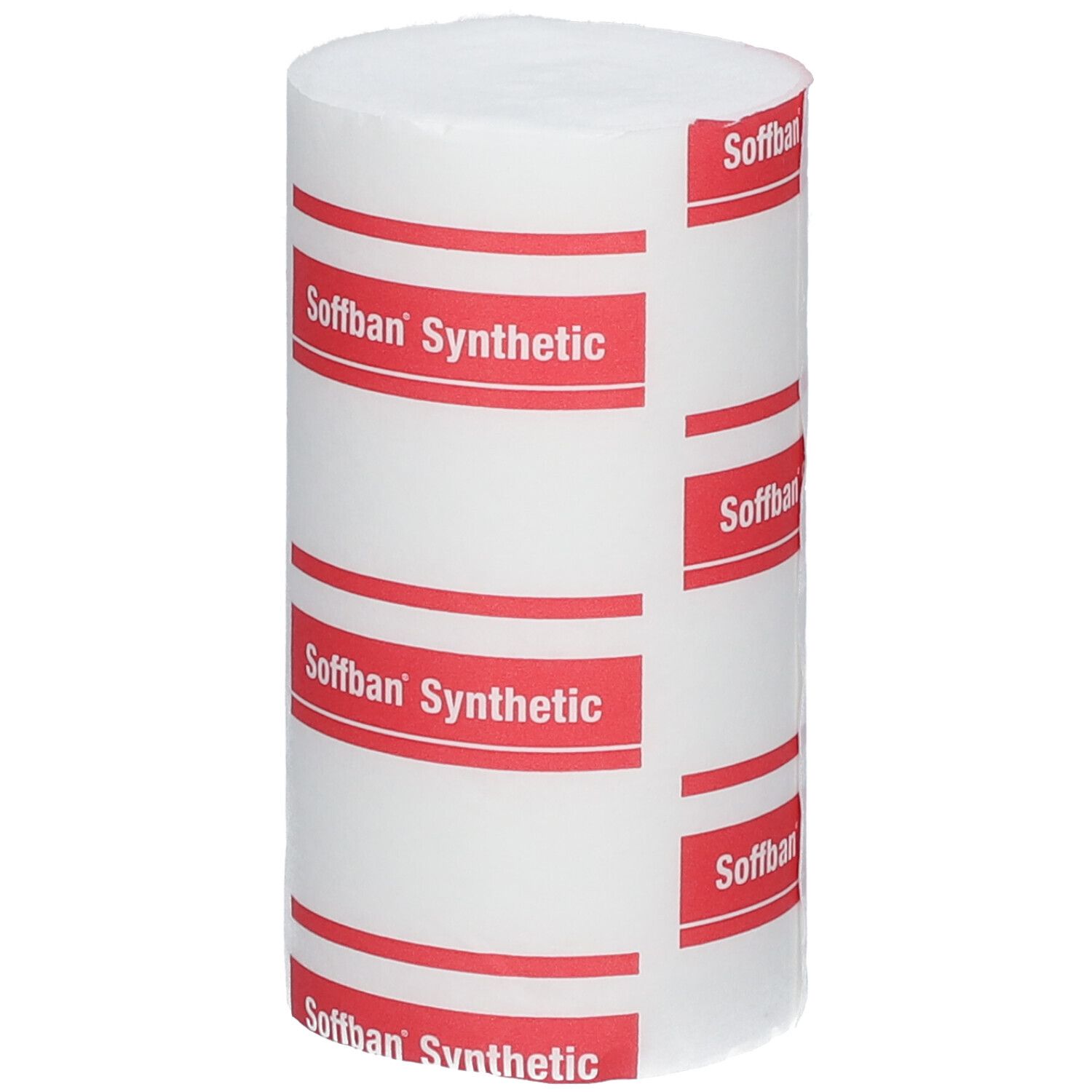 Cilindrische rol wit verband met rode tekst: Soffban Synthetic.