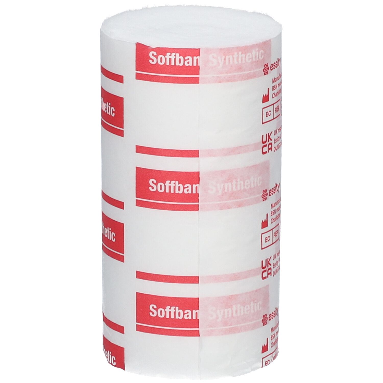 Cilindrische rol wit verband met rode tekst: Soffban Synthetic. Fabrikantinformatie en CE-markering.