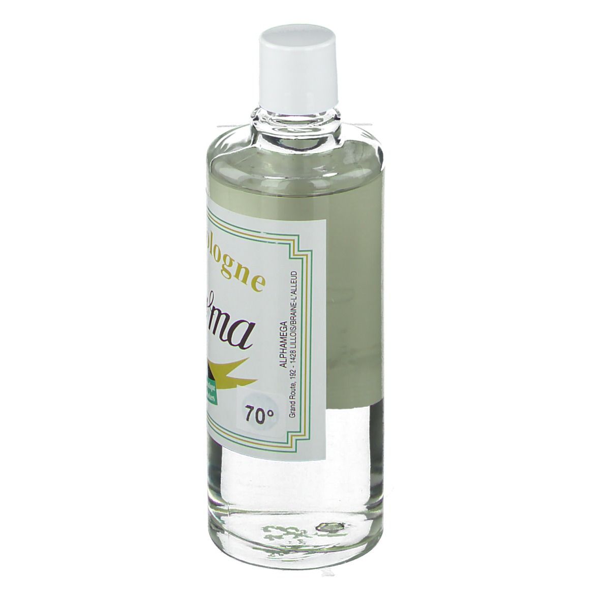 Flacon en verre avec bouchon blanc. Étiquette "Eau de Cologne", "Lafarma" et 70°.