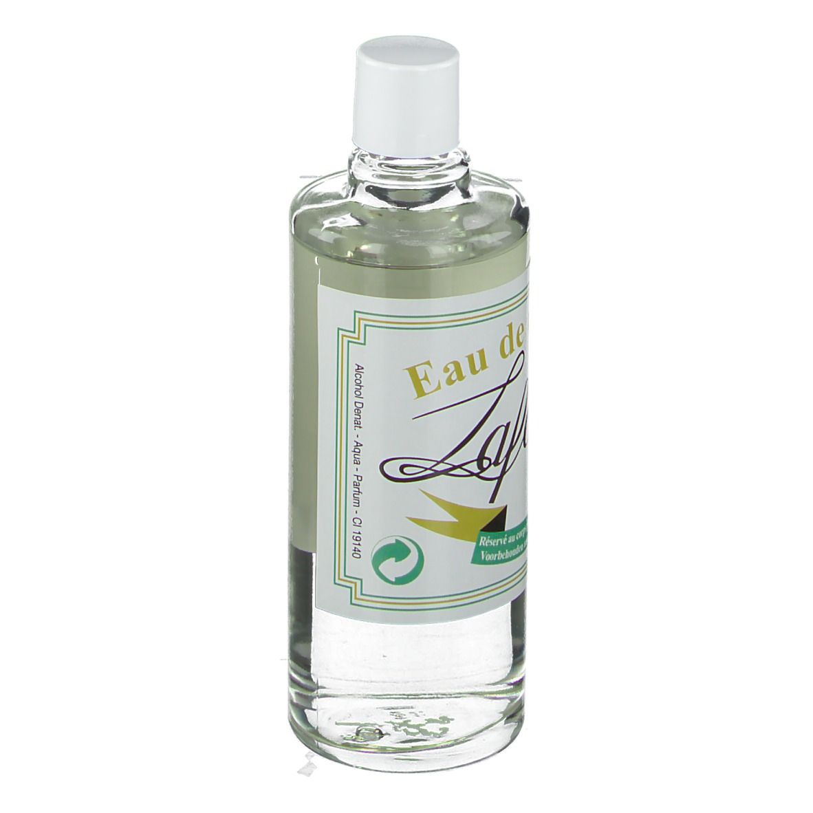 Flacon en verre avec bouchon blanc. Étiquette "Eau de Cologne" et "Lafarma".