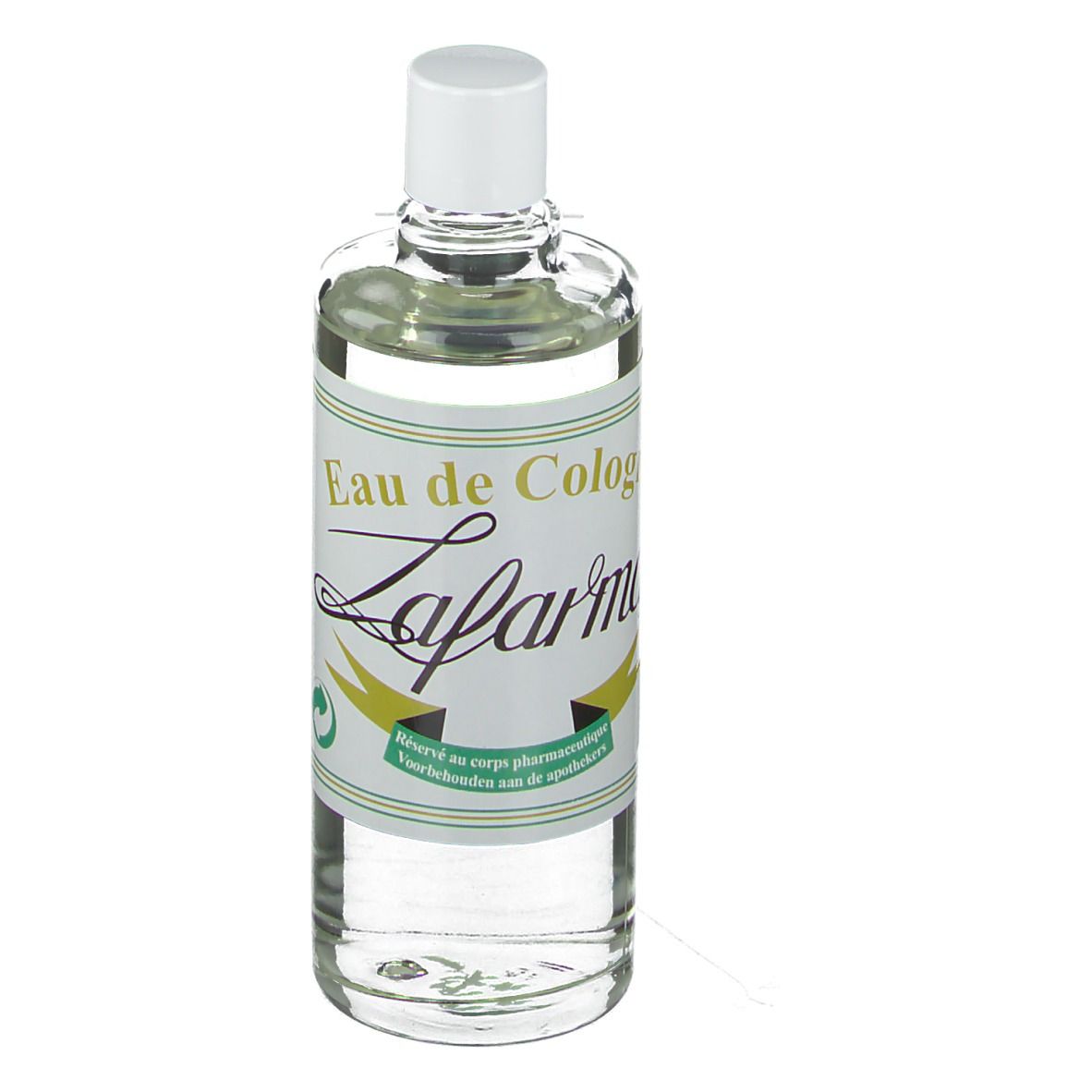 Flacon en verre avec bouchon blanc. Étiquette "Eau de Cologne" et "Lafarma".