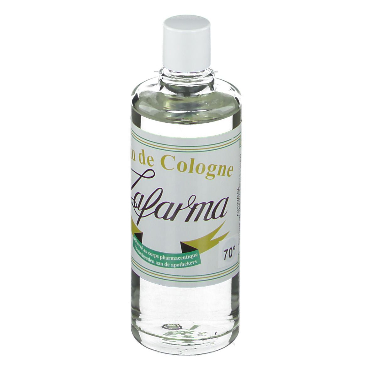 Flacon en verre avec bouchon blanc. Étiquette "Eau de Cologne", "Lafarma" et 70°.