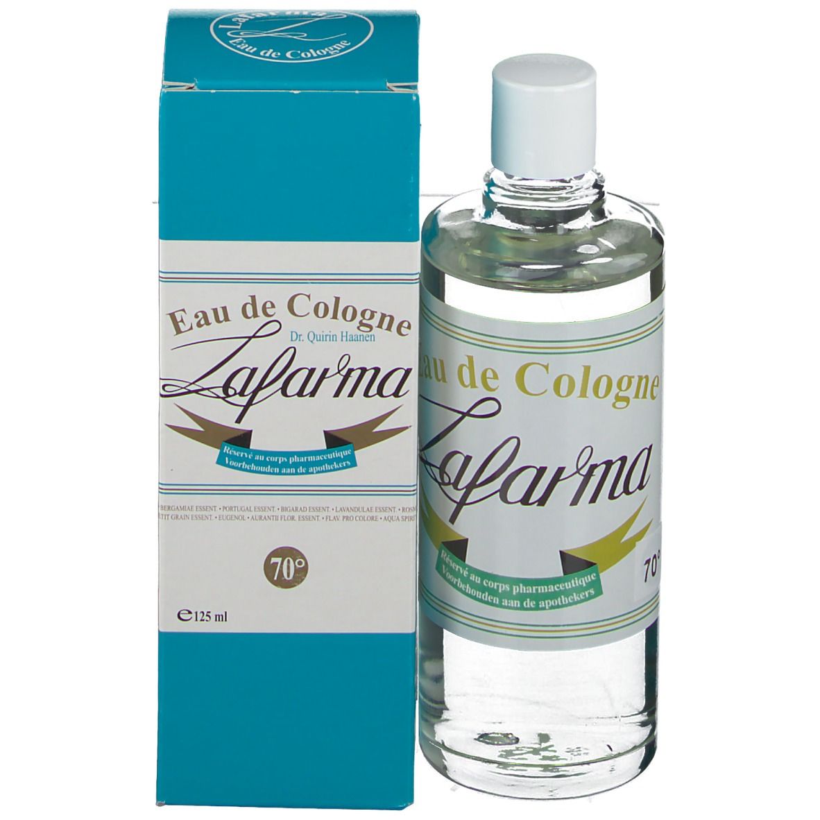 Flacon en verre avec bouchon blanc et emballage bleu. Inscription "Eau de Cologne" et "Lafarma".