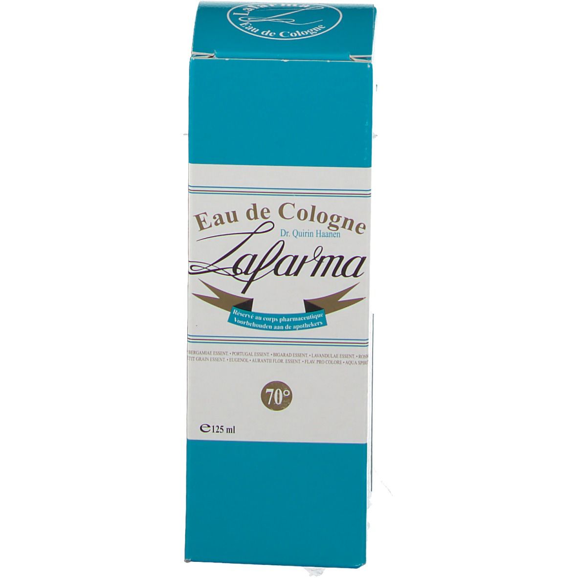 Emballage bleu avec inscription "Eau de Cologne" et "Lafarma". 70° et indication de volume.