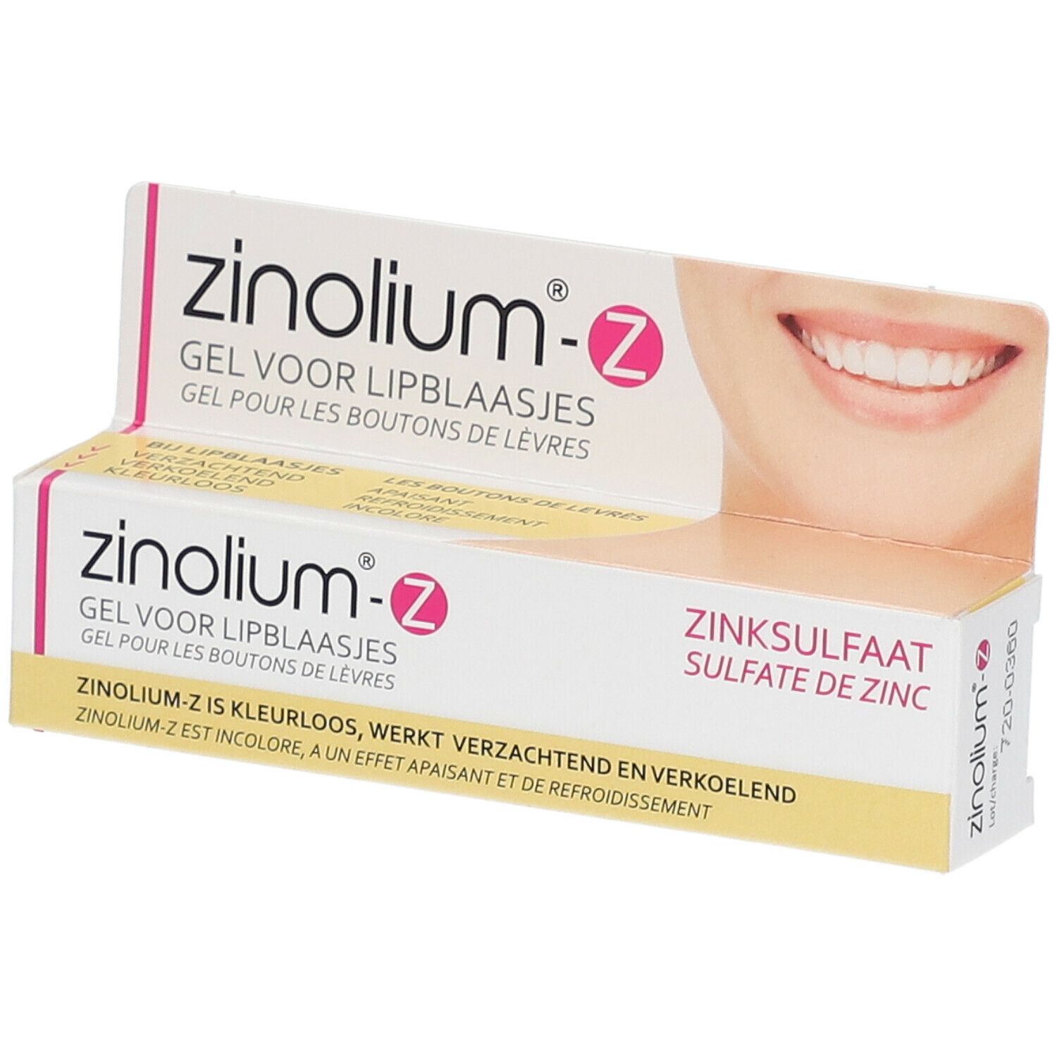 Emballage de gel zinolium®-z. Boîte rose et blanche avec nom du produit et indication sulfate de zinc. Illustration d'un sourire.