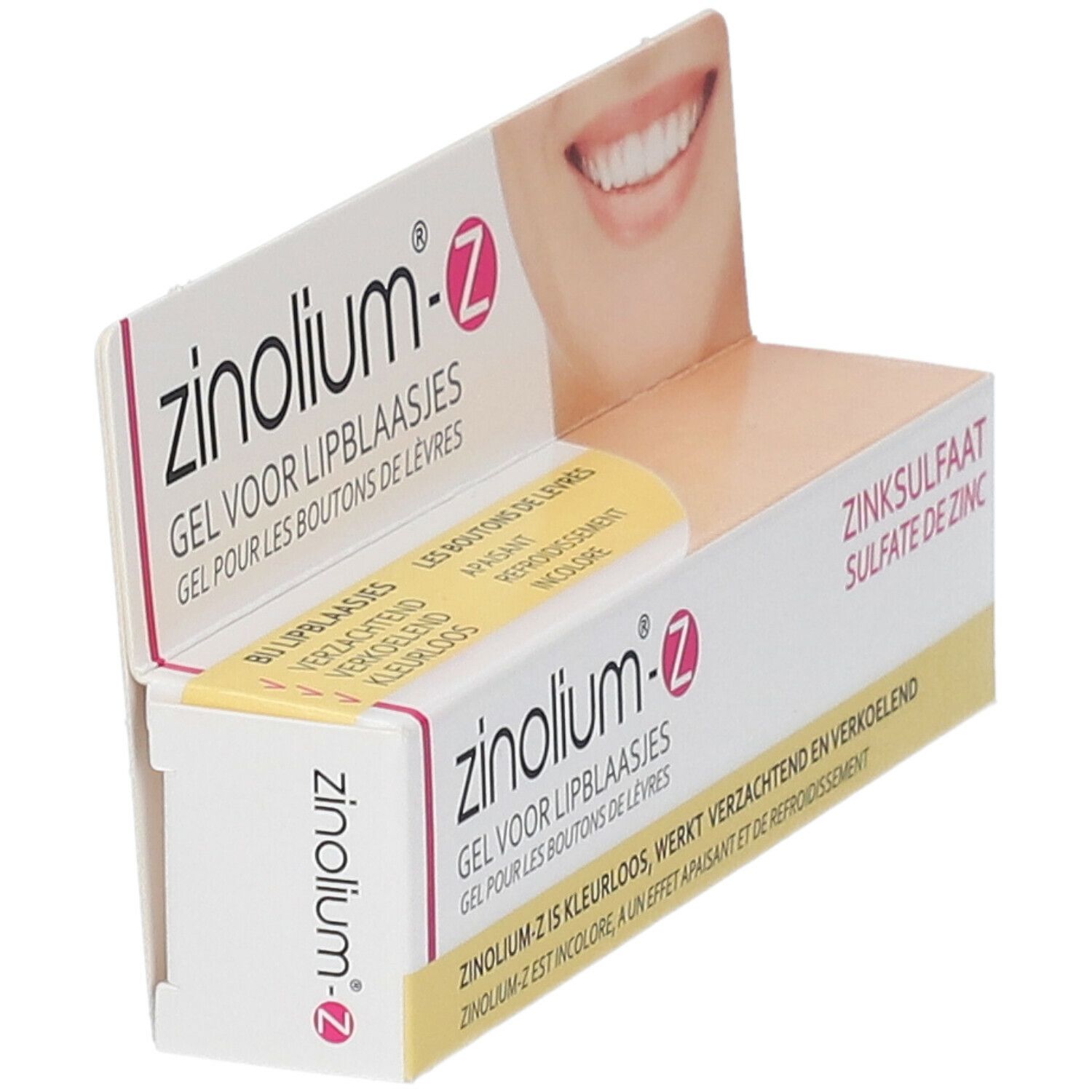 Emballage ouvert de gel zinolium®-z. Boîte rose et blanche avec nom du produit et indication sulfate de zinc. Illustration d'un sourire.