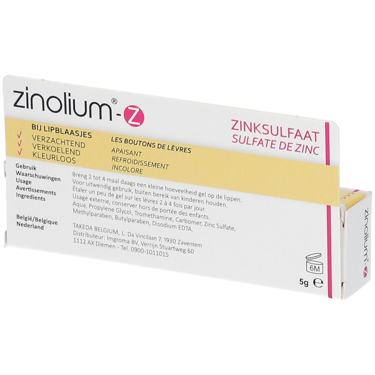 Emballage ouvert de gel zinolium®-z. Boîte rose et blanche avec nom du produit et indication sulfate de zinc. Texte et ingrédients.