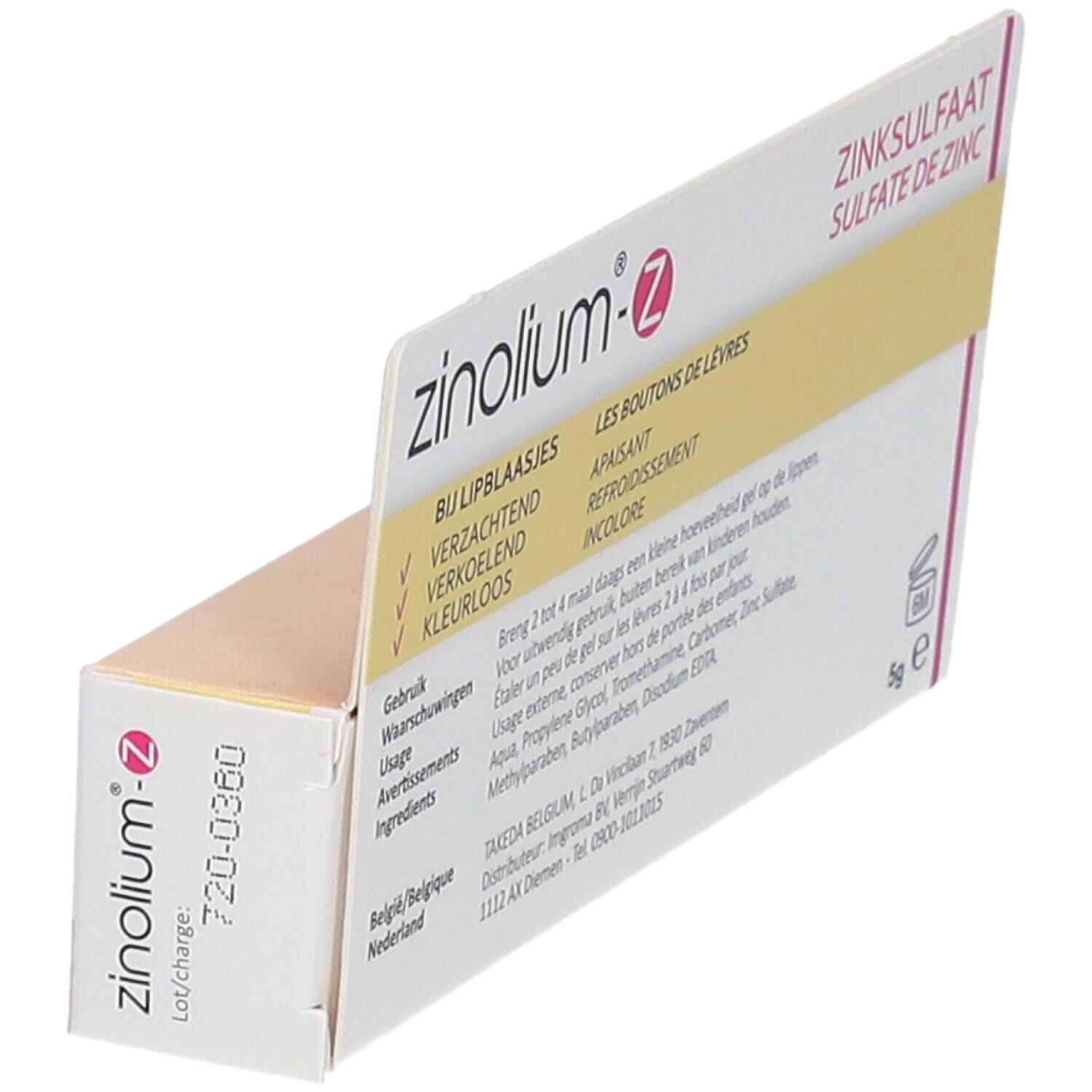 Emballage ouvert de gel zinolium®-z. Boîte rose et blanche avec nom du produit et indication sulfate de zinc. Texte et ingrédients.