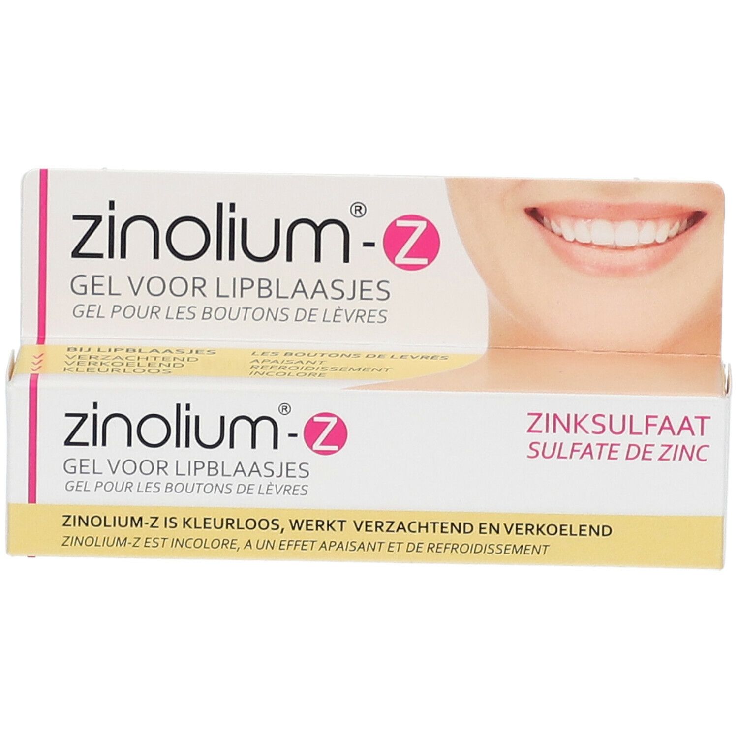 Deux emballages de gel zinolium®-z. Boîtes roses et blanches avec nom du produit et indication sulfate de zinc. Illustration d'un sourire.
