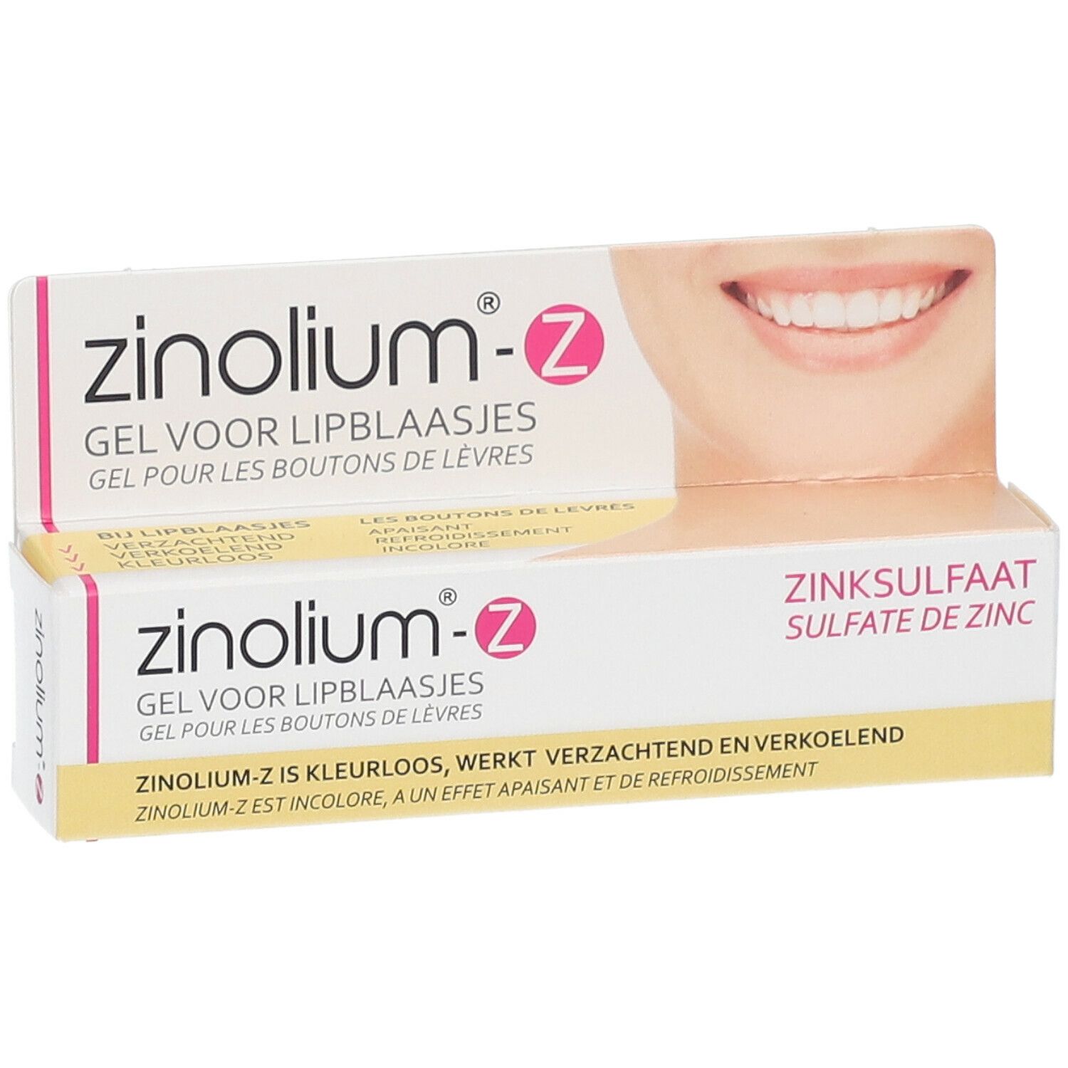 Deux emballages de gel zinolium®-z. Boîtes roses et blanches avec nom du produit et indication sulfate de zinc. Illustration d'un sourire.