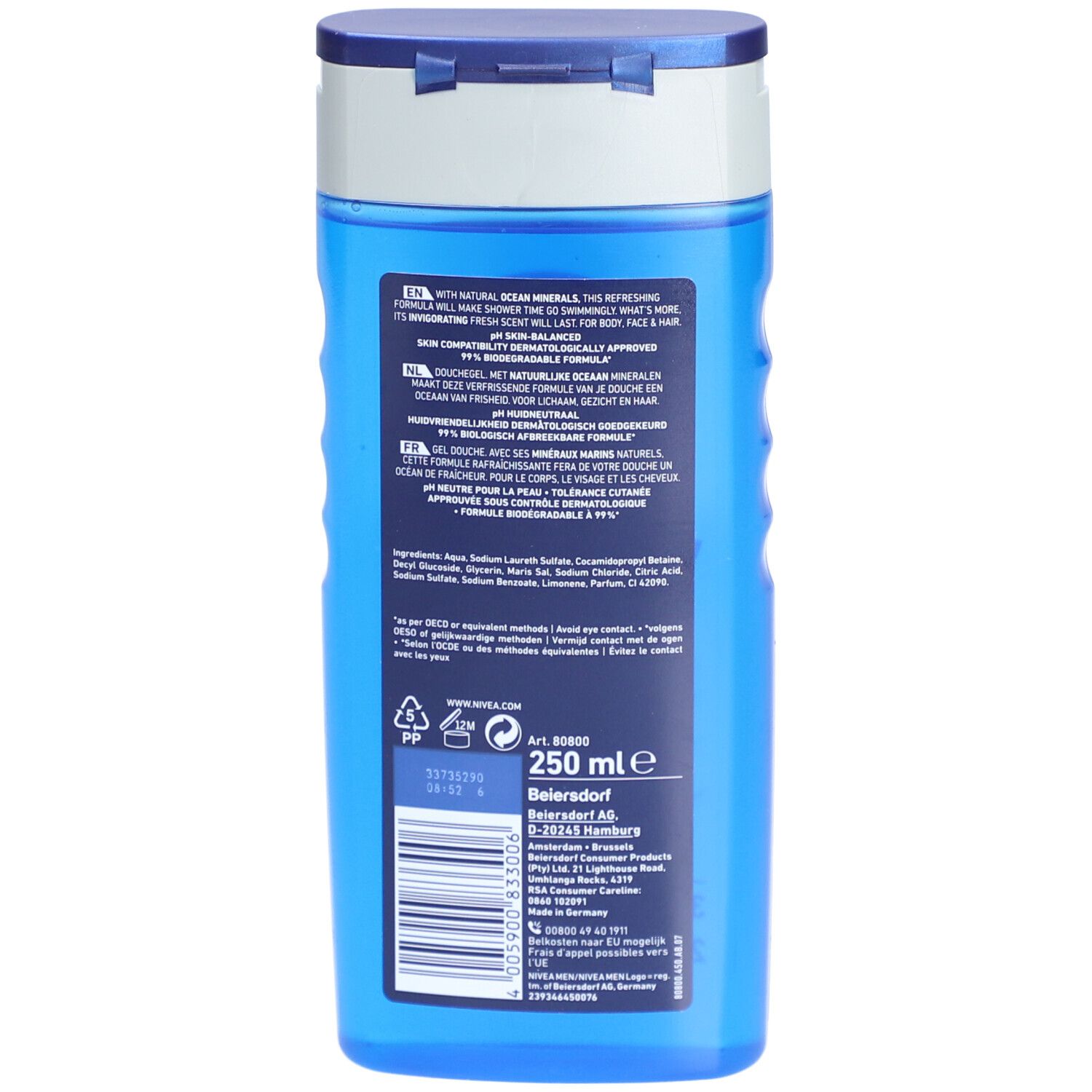Rückseite der blauen Duschgelflasche. Text: Inhaltsstoffe, Herstellerinformationen, 250 ml.