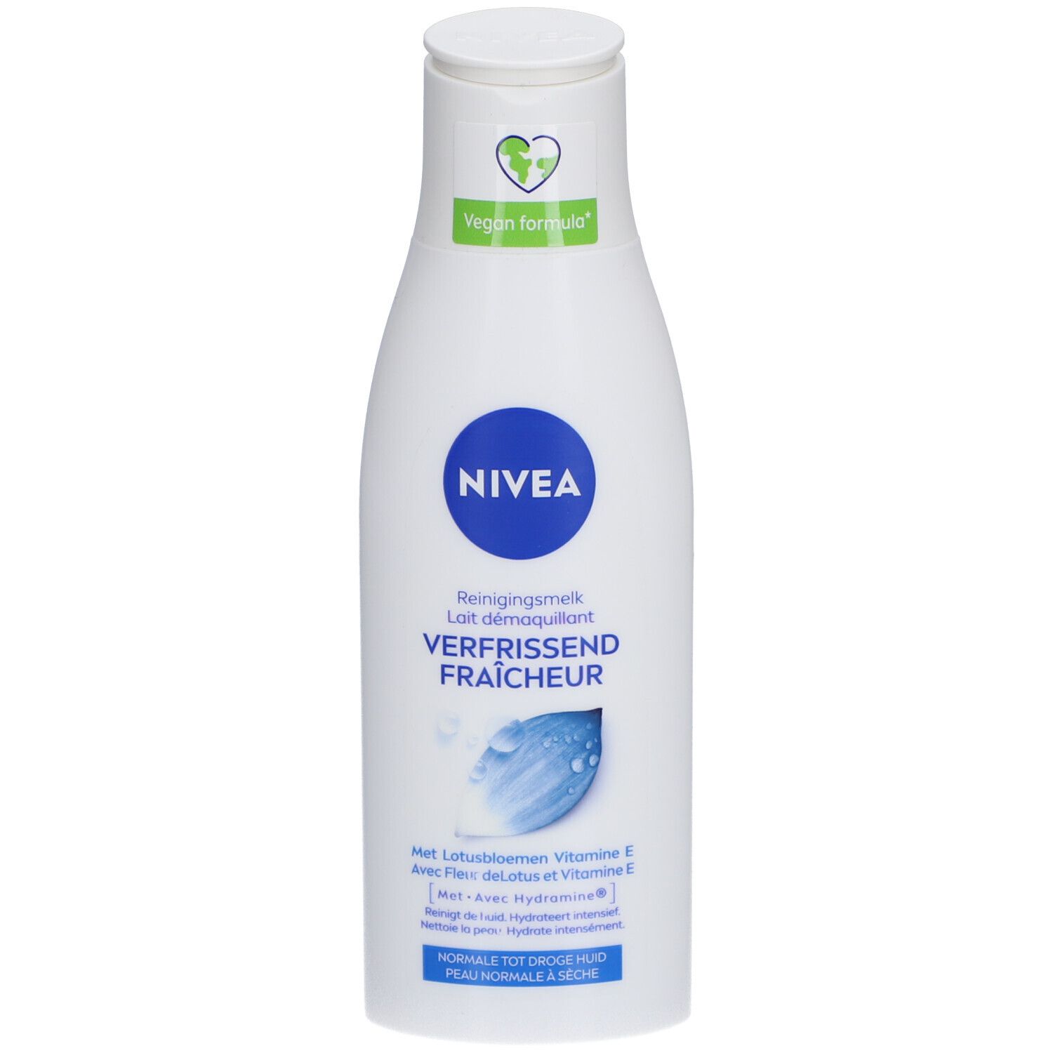 Weiße Flasche Nivea Reinigungsmilch. Blauer Deckel, Logo und Schriftzug. Vegan-Formel-Siegel.