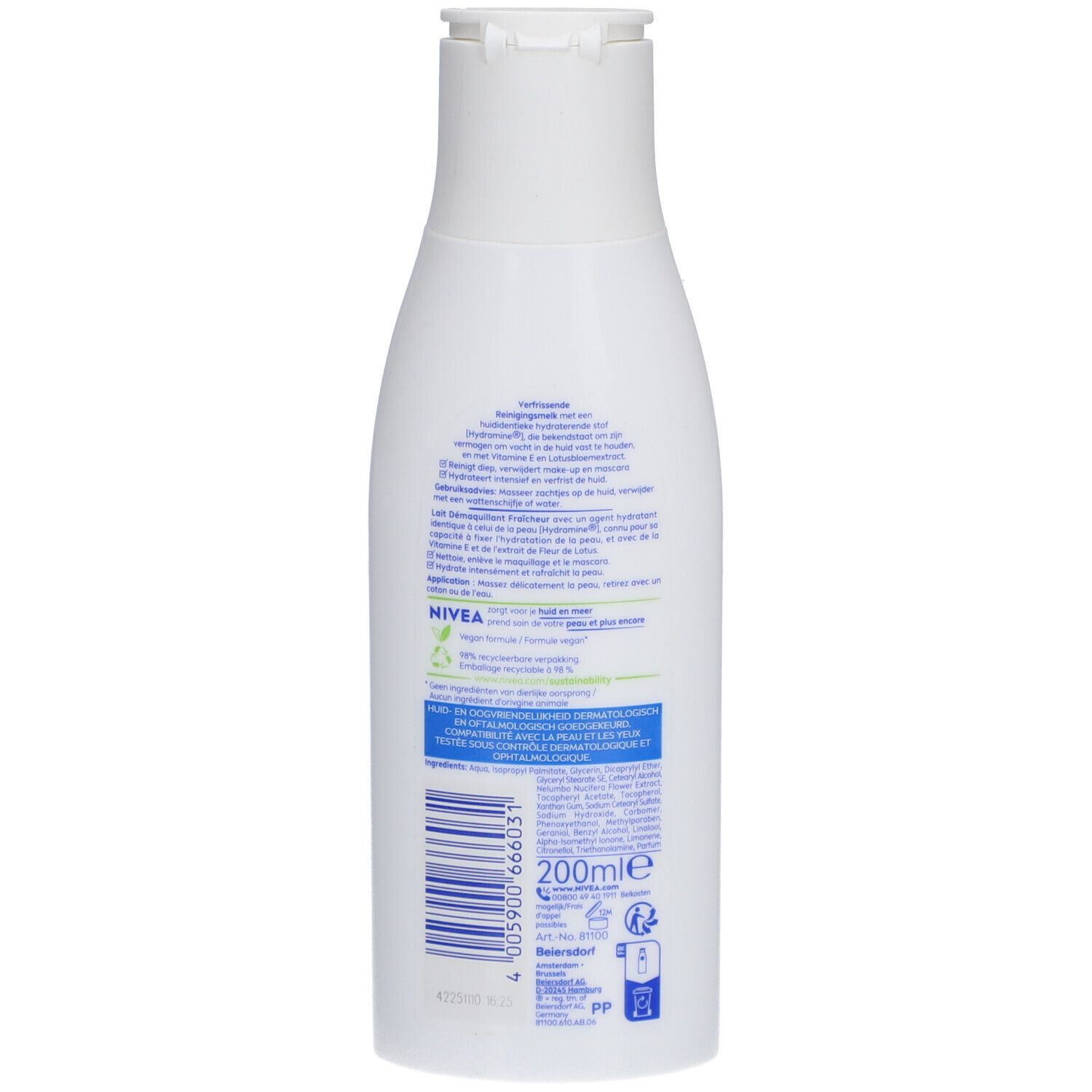Rückseite der Nivea Reinigungsmilch-Flasche. Text in mehreren Sprachen. 200ml-Angabe, Recycling-Symbol.