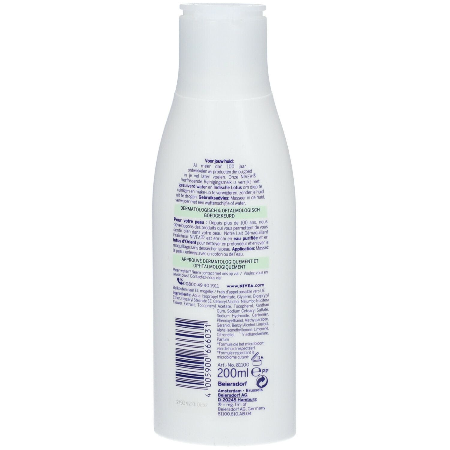 Rückseite der Nivea Reinigungsmilch-Flasche. Text in mehreren Sprachen. Dermatologisch getestet.