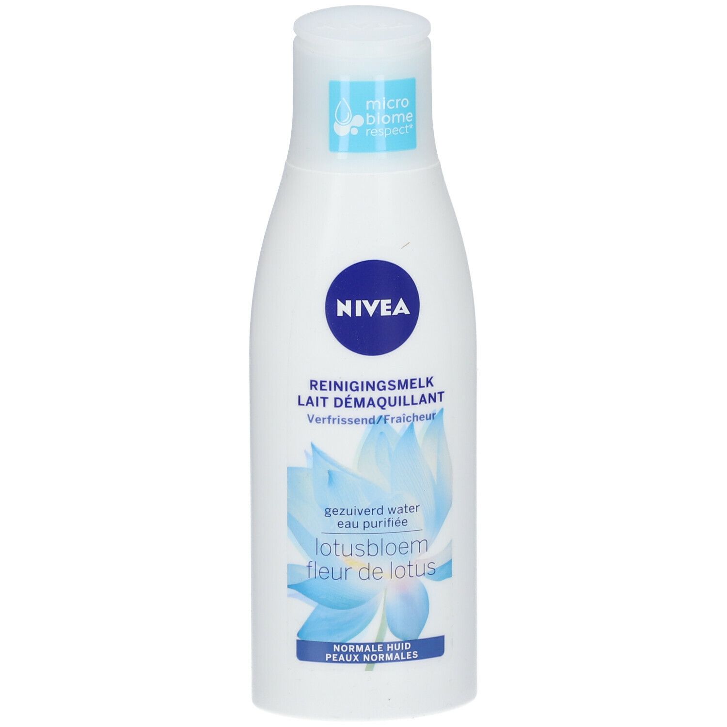 Weiße Flasche Nivea Reinigungsmilch. Blaues Logo, Schriftzug und Lotusblüten-Illustration. Für normale Haut.