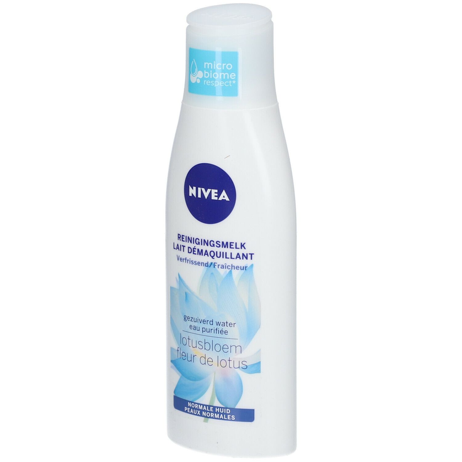 Weiße Flasche Nivea Reinigungsmilch. Blaues Logo, Schriftzug und Lotusblüten-Illustration. Für normale Haut.