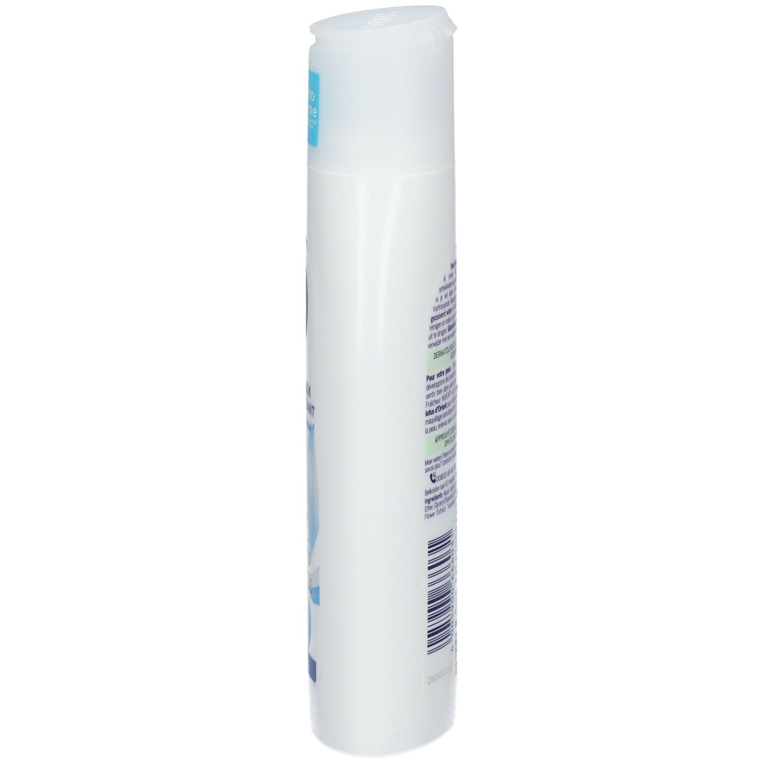 Seitenansicht der Nivea Reinigungsmilch-Flasche. Weiß, mit Text und blauen Akzenten.