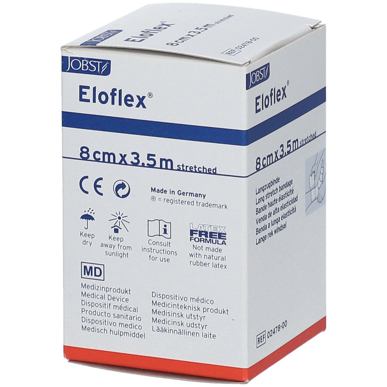 Boîte de bandage Eloflex 8 cm x 3,5 m. Marque JOBST. Inscriptions: CE, dispositif médical, sans latex.