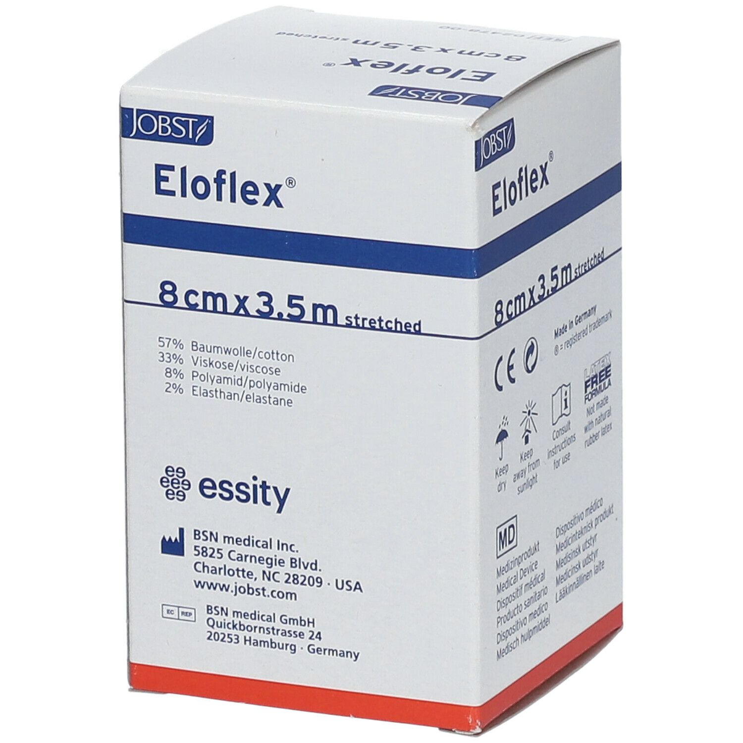 Boîte de bandage Eloflex 8 cm x 3,5 m. Marque JOBST. Composition: coton, viscose, polyamide, élasthanne.