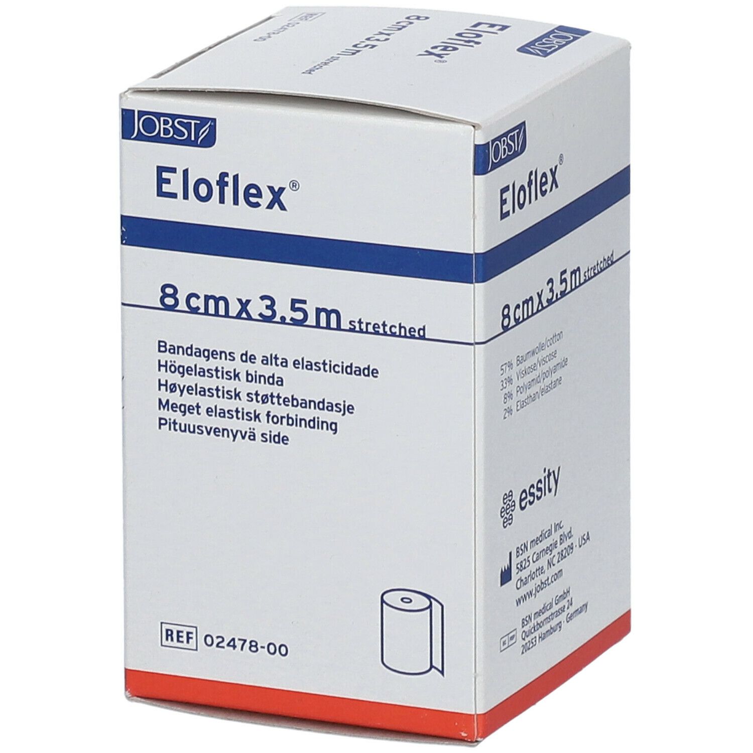 Boîte de bandage Eloflex 8 cm x 3,5 m. Marque JOBST. Inscription: Bandagens de alta elasticidad. Illustration d'un rouleau.