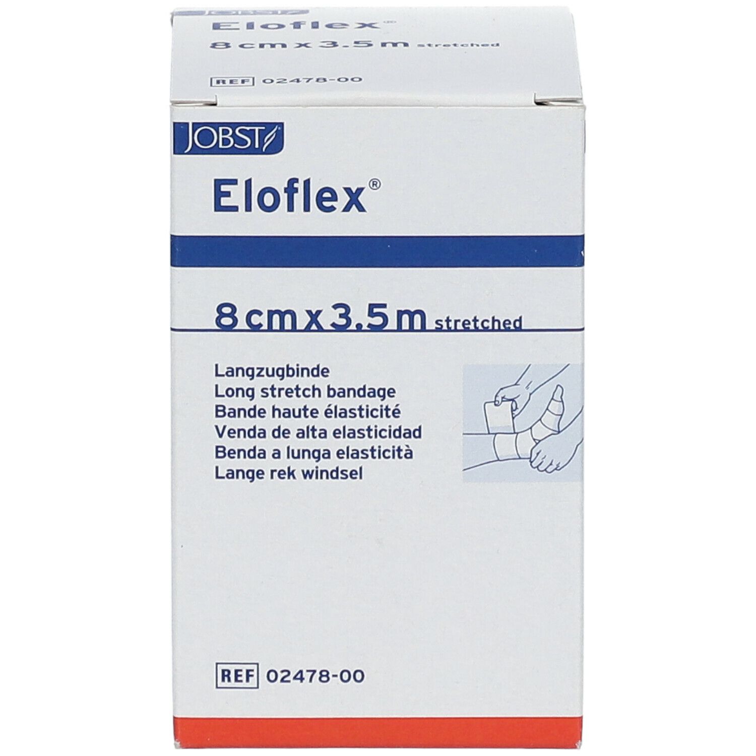 Boîte de bandage Eloflex 8 cm x 3,5 m. Marque JOBST. Inscription: Bande haute élasticité. Illustration d'application.