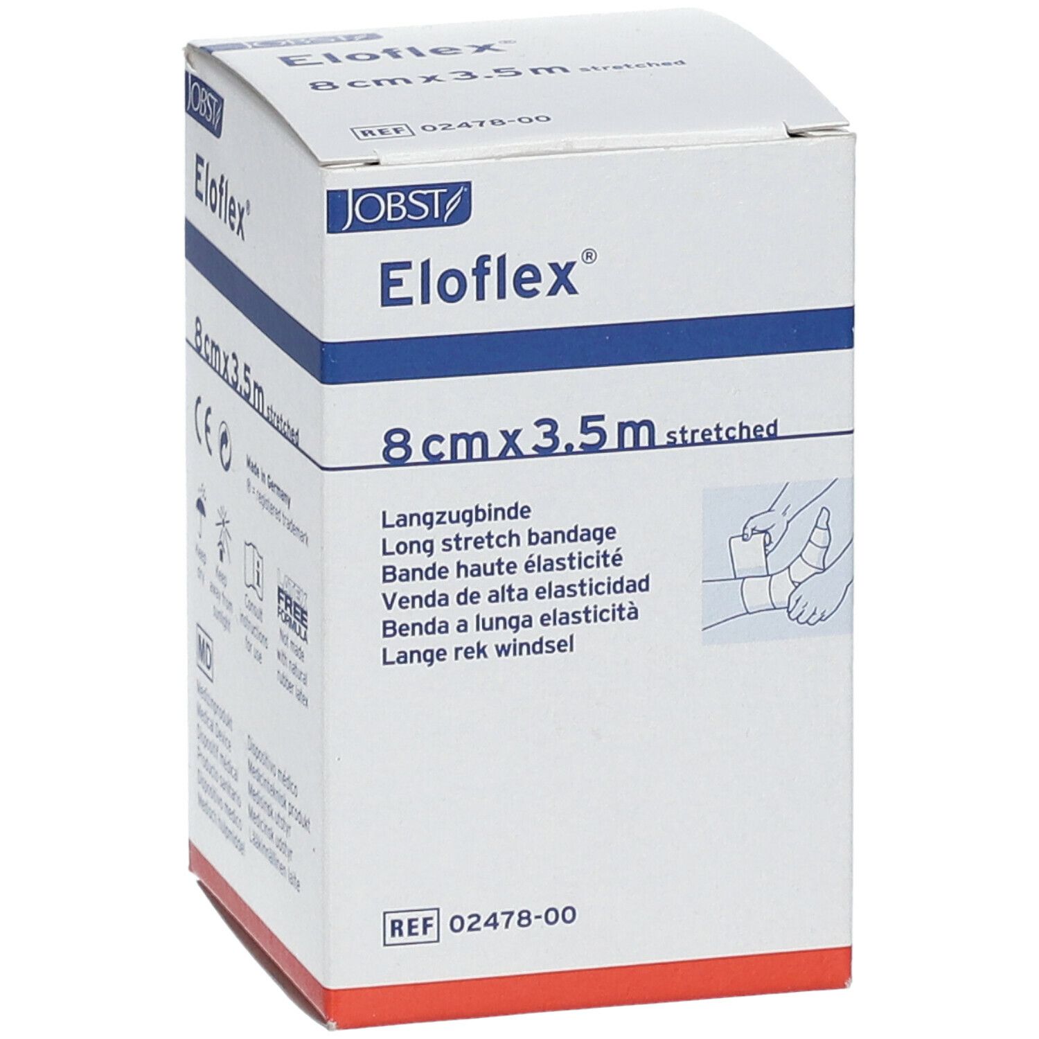 Boîte de bandage Eloflex 8 cm x 3,5 m. Marque JOBST. Inscription: Bande haute élasticité. Illustration d'application.