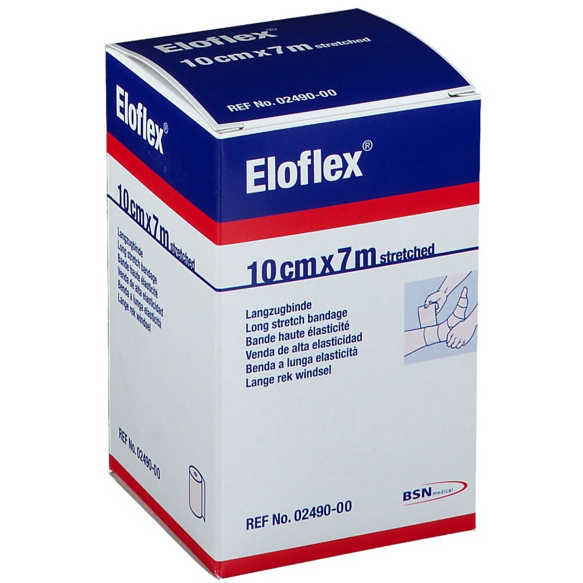 Boîte de Eloflex. Inscription : 10cmx7m stretched. Nom du produit et indication de taille. Illustration d'une application.